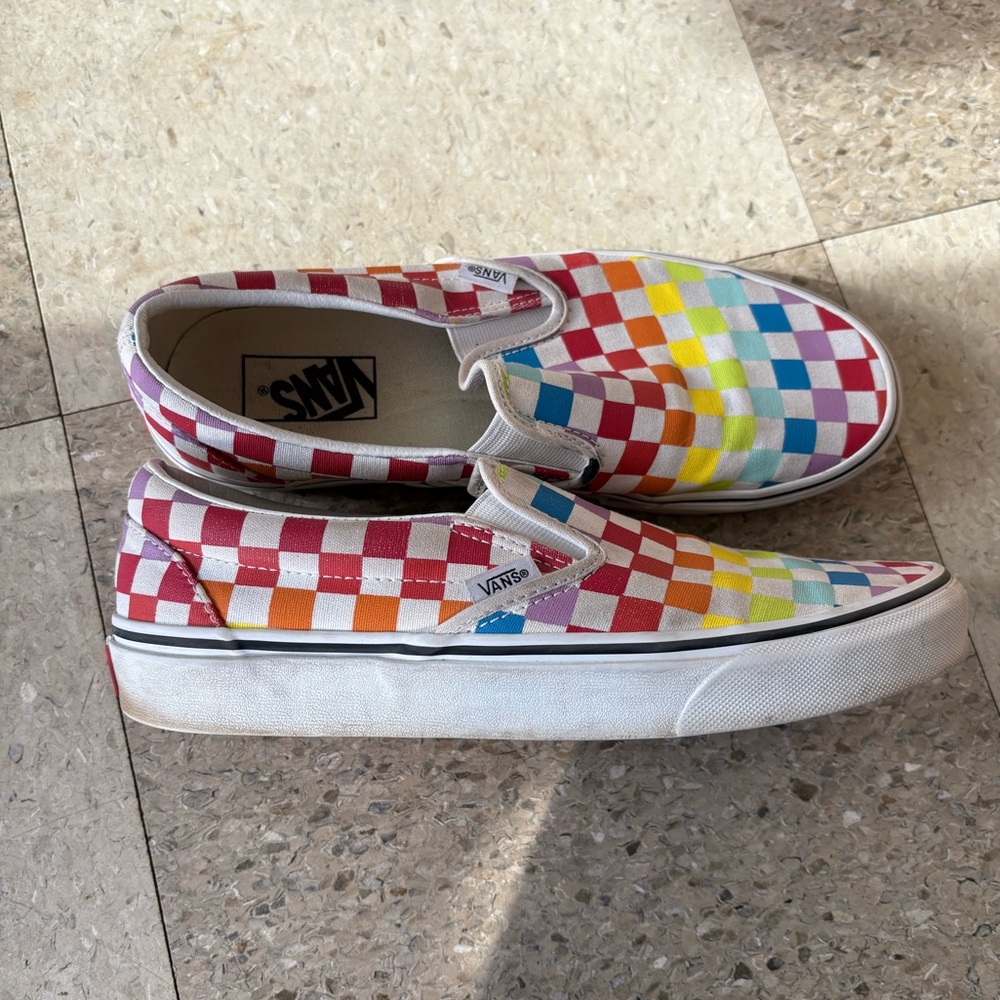 Vans White Rainbow Checkered Slip-On Shoes